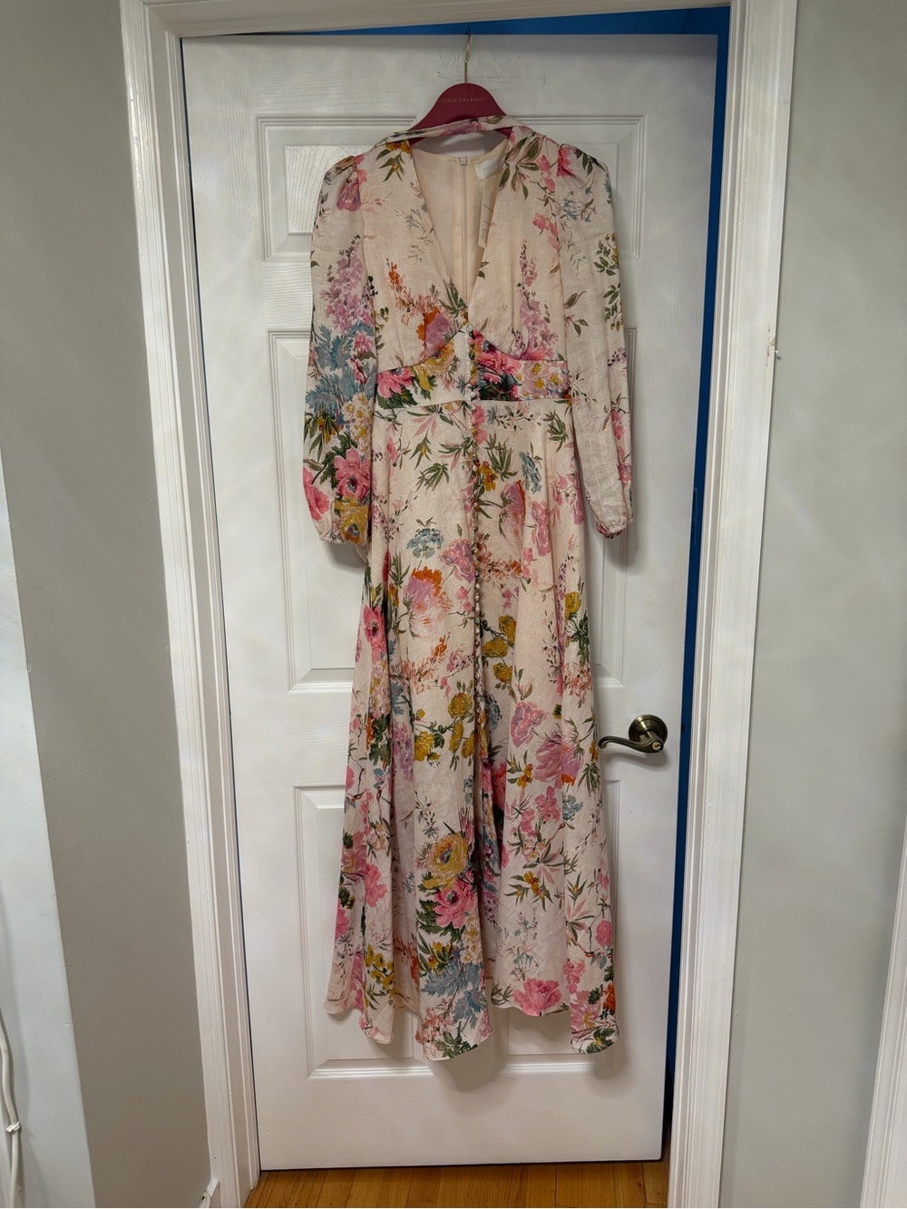 Zimmermann Cream Floral Tie-Neck Maxi Dress with Pink and Yellow Blooms - Picture 5 of 10
